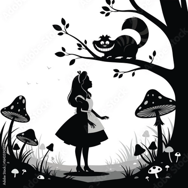 Obraz Vector art of alice in wonderland with cheshire cat silhouette isolated on white background