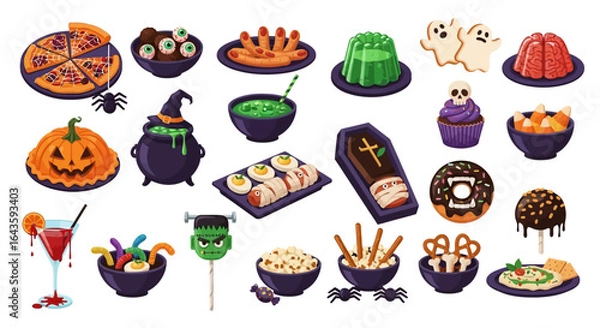 Fototapeta Halloween Icons Set of Ghoulishly Delicious Halloween Food Set Brain Jelly Ghost Cookies and Witchs Brew. Vector Illustrations. EPS Editable