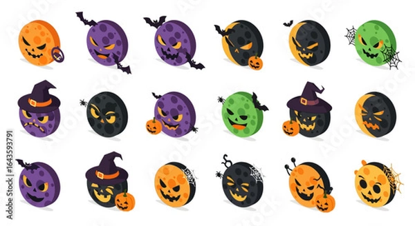 Fototapeta Halloween Icons Set of Isometric Halloween Moon Character Set Spooky Colorful Faces with Pumpkins and Bats. Vector Illustrations. EPS Editable