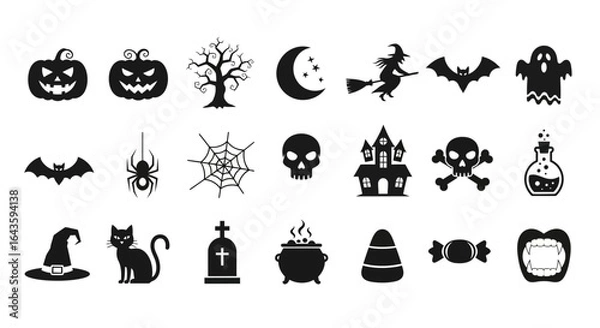 Fototapeta Halloween Icons Set of Minimalist Black Silhouette Icon Set of Classic Spooky Halloween Symbols. Vector Illustrations. EPS Editable