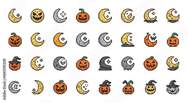 Fototapeta Halloween Icons Set of Retro Pixel Art Halloween Icon Set Featuring Spooky Moons and JackoLanterns. Vector Illustrations. EPS Editable