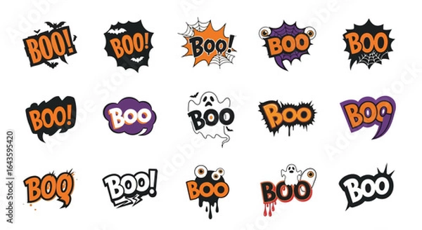 Fototapeta Halloween Icons Set of Spooky and Playful BOO Halloween Typography Collection with Cartoon Icons. Vector Illustrations. EPS Editable