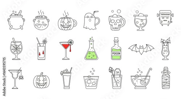Fototapeta Halloween Icons Set of Spooky Halloween Cocktails and Potions A Minimalist Line Art Icon Collection. Vector Illustrations. EPS Editable