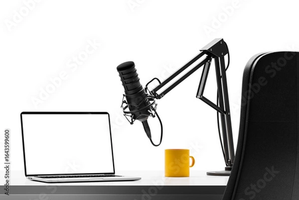 Obraz Modern podcasting setup featuring laptop, boom arm microphone, yellow mug on white desk, isolated on white background. Concept of content creation. 3D Rendering