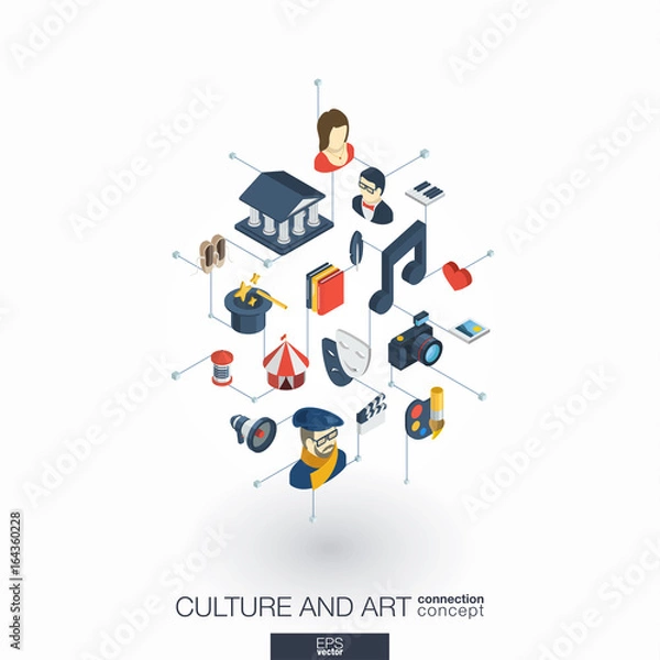 Fototapeta Culture, art integrated 3d web icons. Digital network isometric interact concept. Connected graphic design dot and line system. Background for theater artist, music, circus show bill. Vector on white.