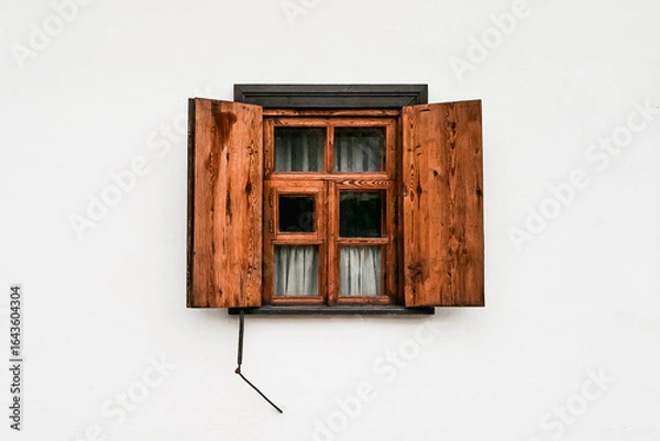 Obraz Rustic wooden window with open shutters on white wall