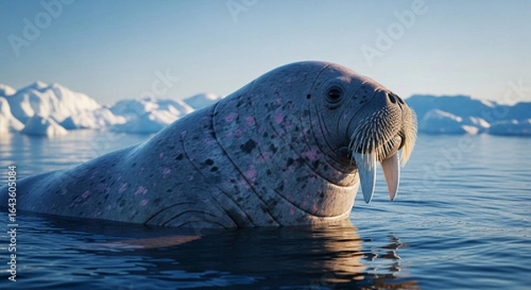 Fototapeta  Gentle walrus at the Arctic edge: a dreamlike close-up amidst shimmering ice and endless polar waters.