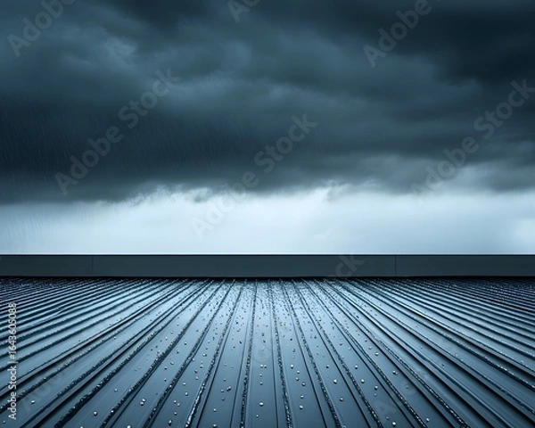 Fototapeta Dark Storm Clouds Over Wet Metal Roof, Rain
