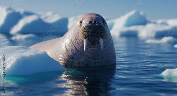 Fototapeta  Gentle walrus at the Arctic edge: a dreamlike close-up amidst shimmering ice and endless polar waters.
