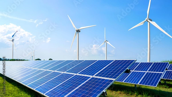 Fototapeta Solar Panels and Wind Turbines Coexisting in a Green Field on a Sunny Day