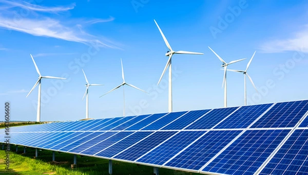 Fototapeta Solar Panels and Wind Turbines Coexisting in a Green Field on a Sunny Day