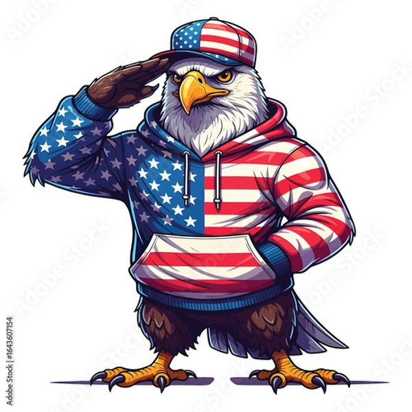 Fototapeta a bald eagle wearing an american flag hoodie and cap saluting proudly isolated on white background
