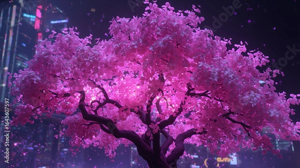 Fototapeta Dreamy Futuristic Cherry Blossom Tree with Neon Cityscape Backdrop