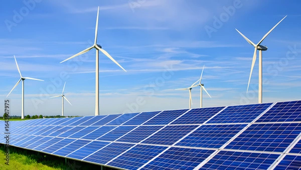 Fototapeta Solar Panels and Wind Turbines Coexisting in a Green Field on a Sunny Day