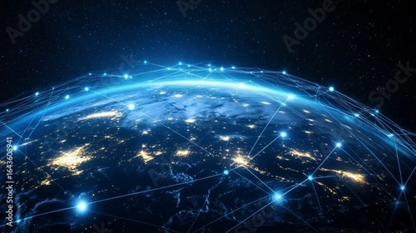 Fototapeta A global digital network encompassing planet Earth, with bright blue streams of light symbolizing connections and information exchange