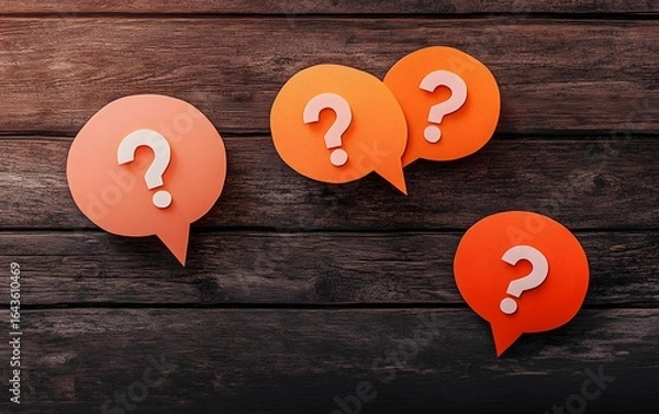 Fototapeta Question Mark Speech Bubbles on Wooden Background