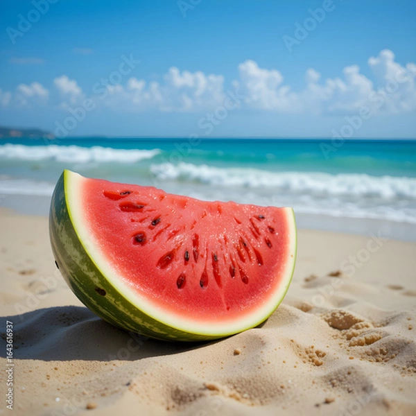 Obraz Juicy Watermelon Slice on Sandy Beach with Ocean Waves in Background