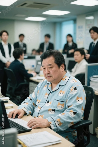 Fototapeta A fat, dark-faced middle-aged man working at his desk in adorable kitten-patterned pajamas, while surrounding employees pay attention.