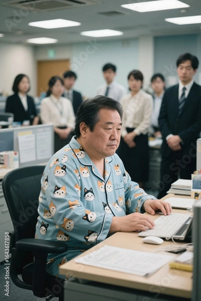 Fototapeta A fat, dark-faced middle-aged man working at his desk in adorable kitten-patterned pajamas, while surrounding employees pay attention.
