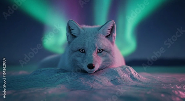 Fototapeta  Mystical Arctic fox under the aurora’s glow: a dreamlike close-up amidst enchanted ice fields and whispering polar winds.