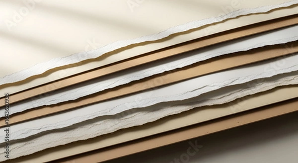 Obraz Diagonal torn paper layers with deckle edges on neutral beige background, copy space