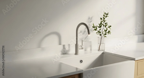 Obraz Sunlit modern kitchen sink with gooseneck faucet and glass vase on white quartz countertop, minimalist interior with copy space