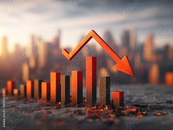 Fototapeta Red bar graph shows a market crash with an arrow pointing down above city