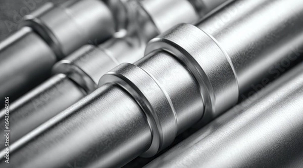 Fototapeta Close-up of brushed metallic cylinders, precisely joined with smooth, gleaming rings, showcasing industrial precision and seamless connections