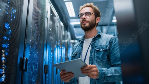 Obraz Smiling Male IT Technician Using Digital Tablet in Modern Data Center with Server Racks
