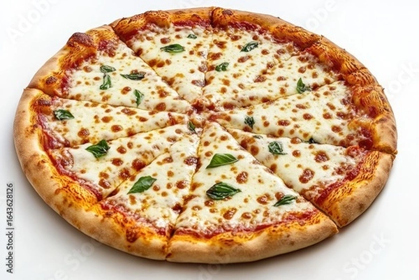 Obraz A perfectly baked cheese pizza, sliced into eight triangular portions, adorned with fresh basil leaves, sits on a stark white background.  The cheese is melted and bubbly, the crust golden brown