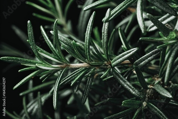 Fototapeta Close-up of vibrant green rosemary sprigs against a dark background, showcasing needle-like leaves and textured stems