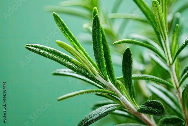 Fototapeta Close-up of vibrant green rosemary sprigs, showcasing needle-like leaves and subtle texture against a muted green background