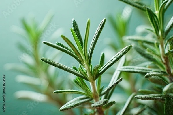 Fototapeta Close-up of vibrant green rosemary sprigs, showcasing needle-like leaves and subtle texture against a soft, blurred teal background