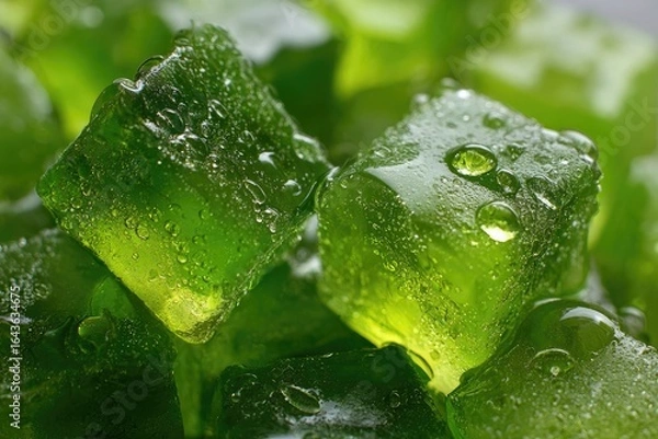 Fototapeta Close-up of vibrant green, translucent, cube-shaped jellies glistening with water droplets; suggestive of freshness and coolness