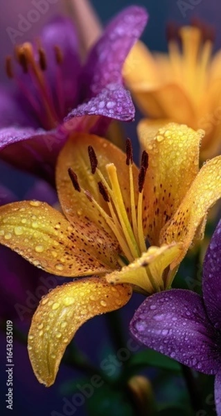 Fototapeta Close-up of vibrant purple and gold lilies, glistening with water droplets, set against a dark background
