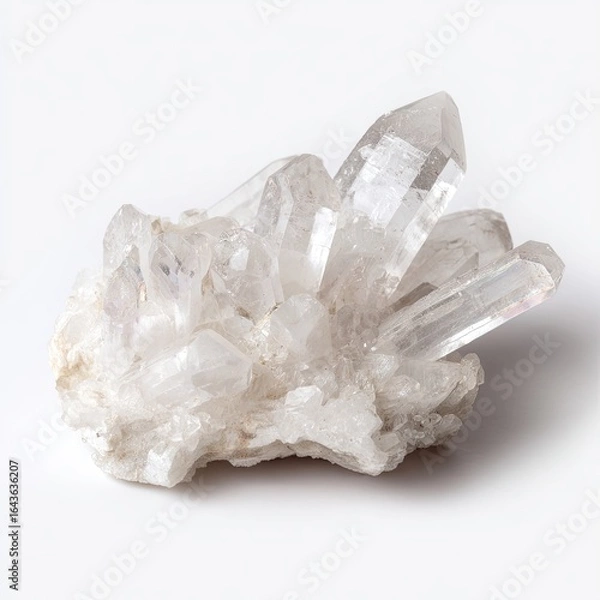 Fototapeta Cluster of clear quartz crystals on a rough, off-white base, exhibiting sharp points and varying sizes, set against a plain white backdrop