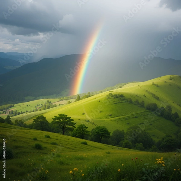Obraz Bright Rainbow Over Lush Green Hills and Countryside Landscape