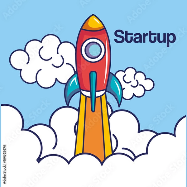 Obraz Start up design with rocket and clouds over blue background vector illustration