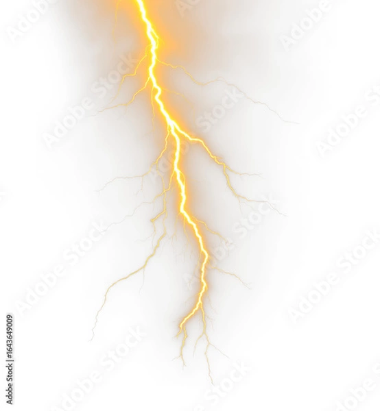 Fototapeta Bright yellow lightning bolt with glowing electric branches isolated on transparent background in PNG perfect for weather visuals power and energy concepts