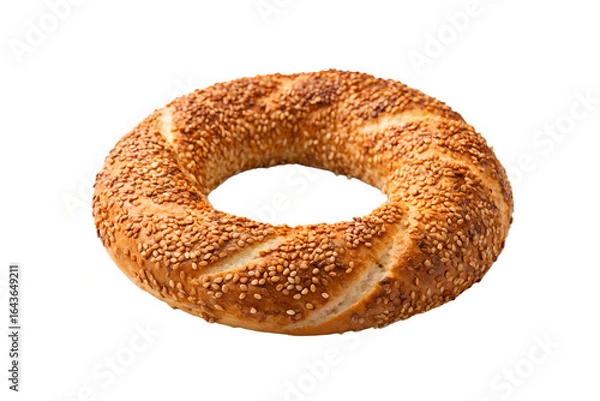 Fototapeta Close up of a simit, a circular turkish bread covered in sesame seeds, on white background