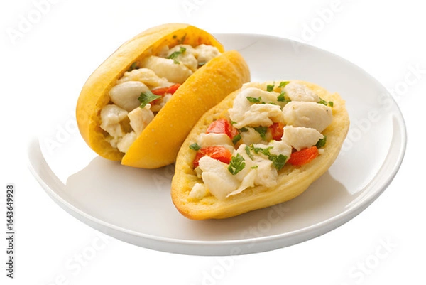 Fototapeta Two stuffed yellow plantains filled with white fish and red pepper on a white plate