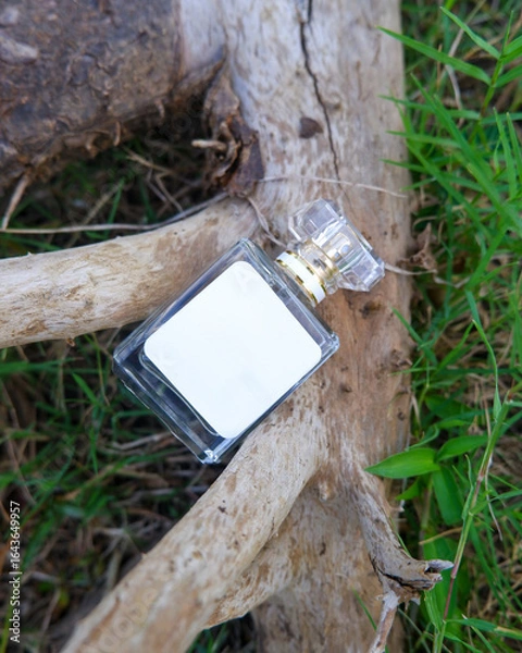 Obraz Perfume bottle mockup with plain white label on the wood nature background