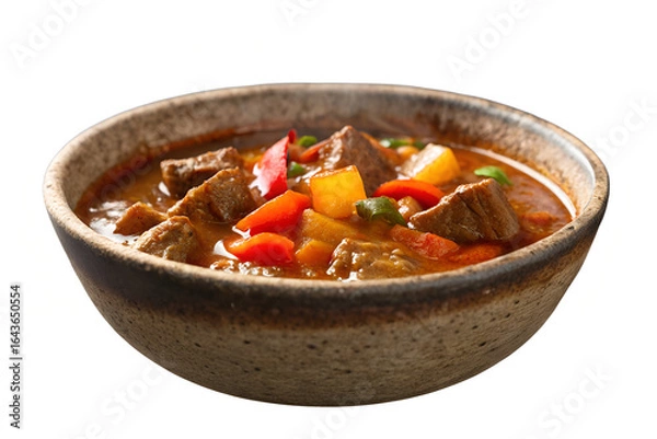 Fototapeta A bowl of beef stew with carrots, potatoes and peppers on a white background isolated