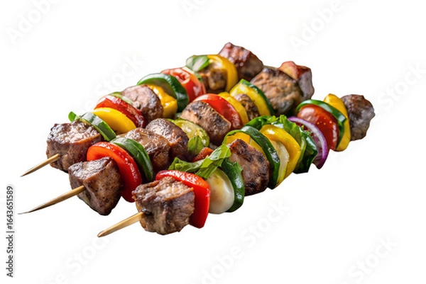 Fototapeta Close up shot of two skewers with grilled meat and colorful vegetables on a white background