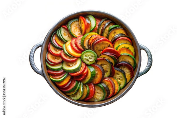 Fototapeta Overhead view of ratatouille in a cast iron pan with zucchini eggplant and tomatoes