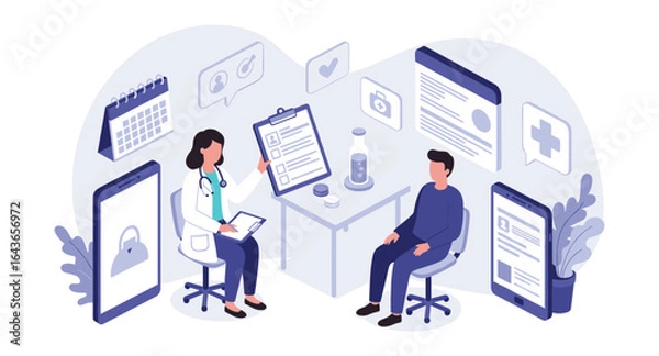 Fototapeta Modern healthcare technology meeting: doctor consulting patient in digital environment