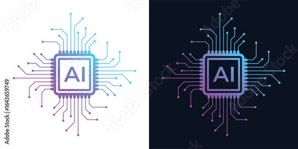 Fototapeta Artificial Intelligence AI Chip in Human Head. Artificial Intelligence icon with Machine learning, digital skills, generative AI, AI technology, algorithm, virtual intelligence and future	