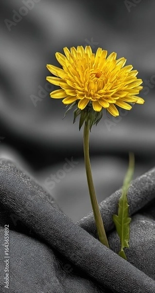 Obraz Single yellow dandelion amidst dark gray fabric