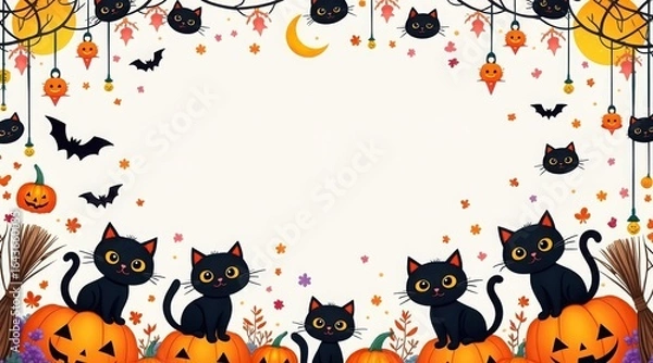 Fototapeta Cute halloween frame with black cats, pumpkins, bats and autumn decoration