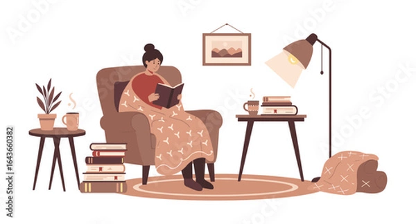 Fototapeta Cozy reading corner with woman relaxing in armchair surrounded by books and warm decor